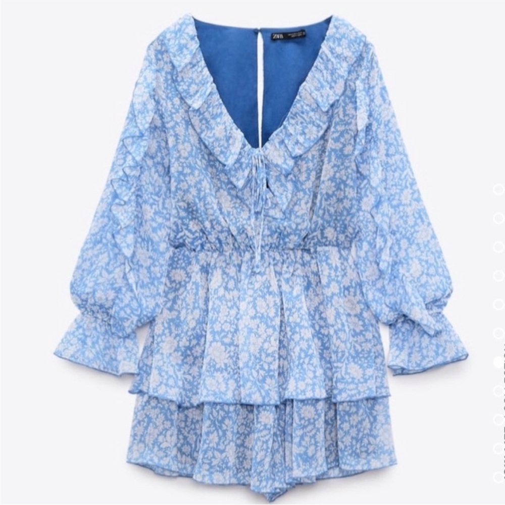 Zara Light Blue Floral Ruffled Romper